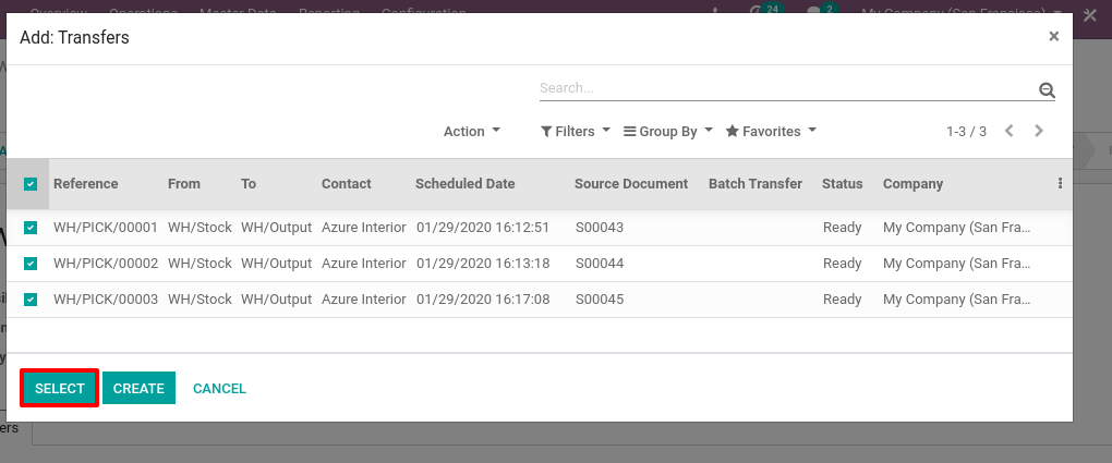 View of the list of transfers to choose for a single batch transfer and how to add them to the batch transfer