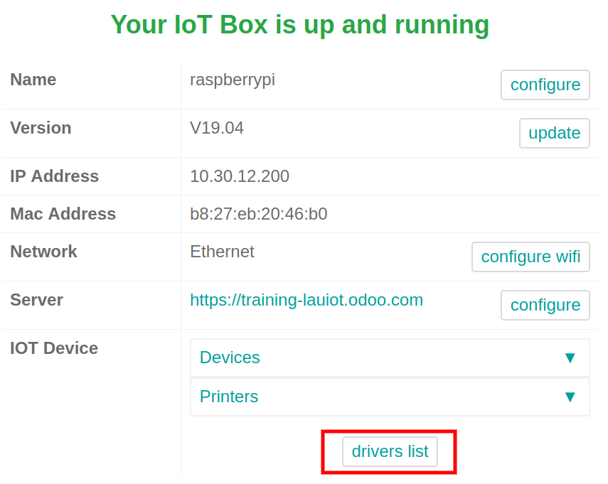 View of the IoT box settings and driver list.