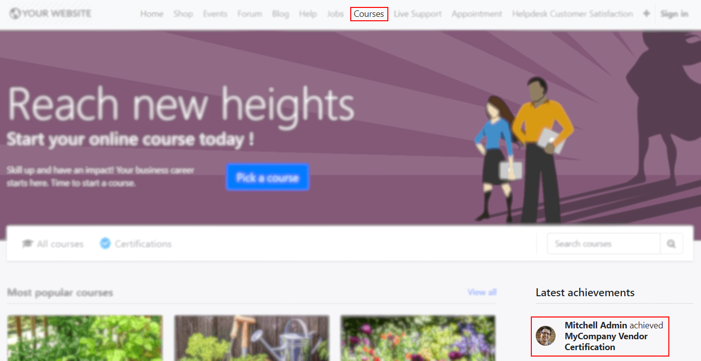 View of the courses tab emphasizing the latest achievements section on the website for Odoo Surveys