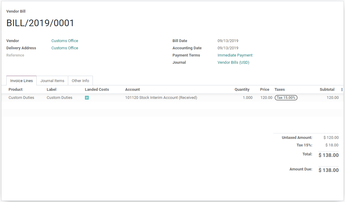 Enable Landed Costs option on vendor bill line.