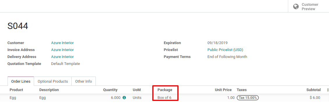 Package field on purchase order.