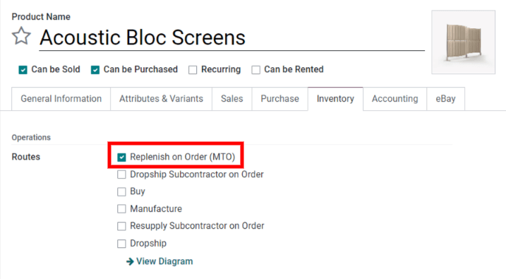 Enable the Replenish on Order (MTO) route on the product settings.