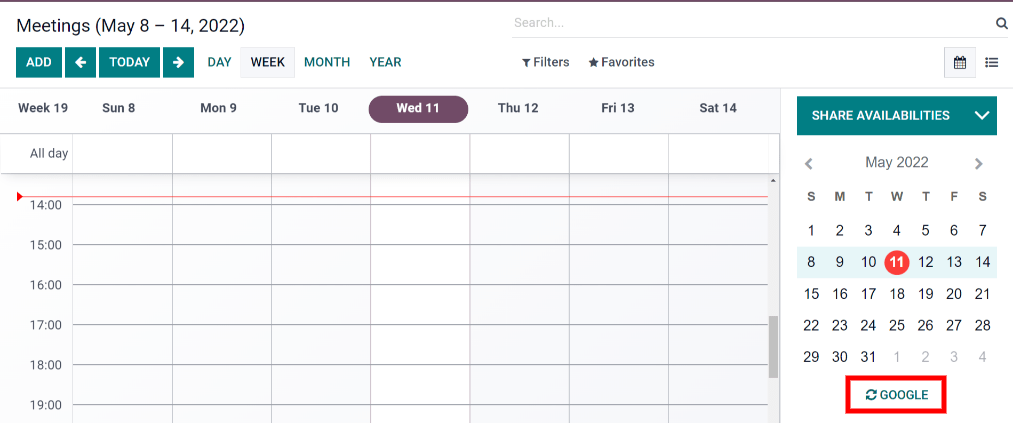 Click the Google sync button in Odoo Calendar to sync Google Calendar with Odoo.