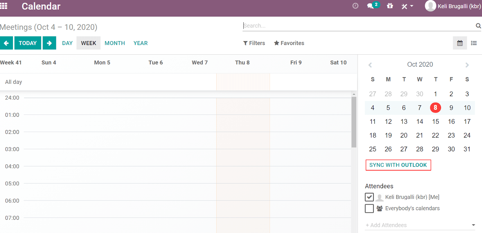 Calendar view and the button Sync with Outlook in Odoo Calendar