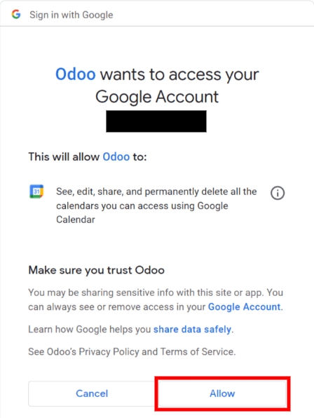 Give Odoo permission to access Google Calendar.