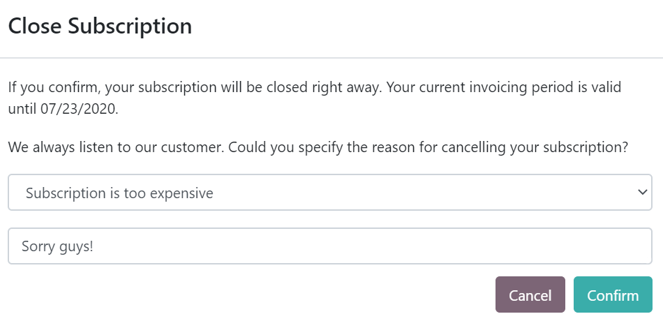 What happens when customers close their subscription with Odoo Subscriptions?