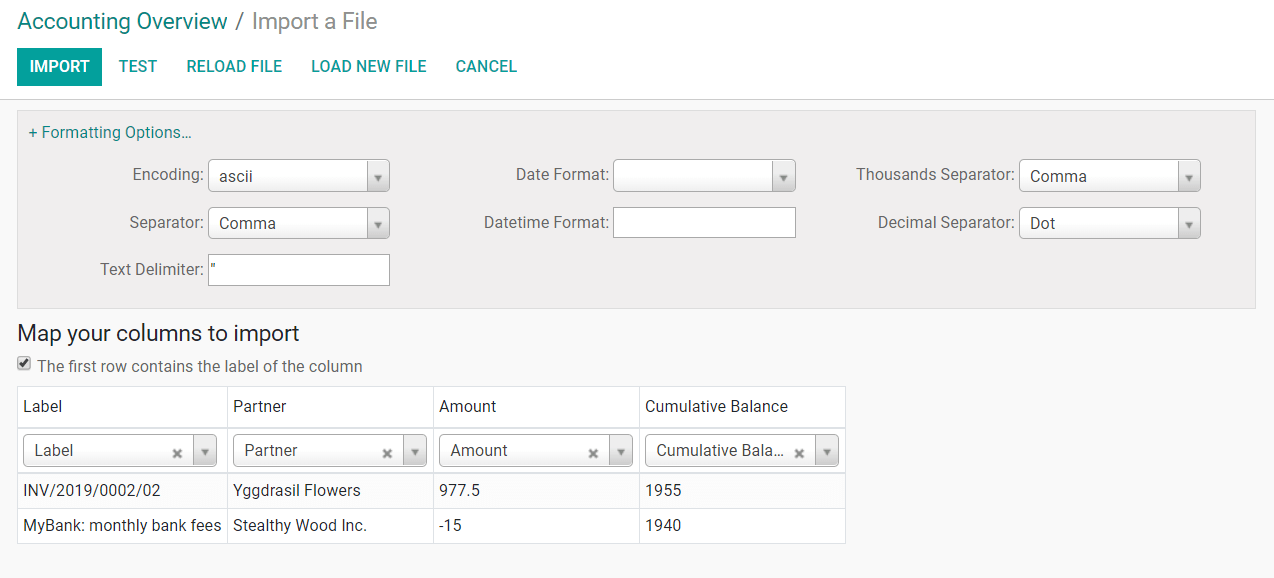 在Odoo Accounting手动注册银行对账单