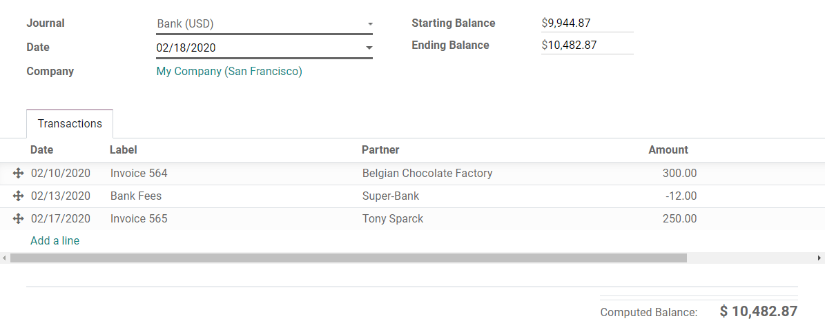 在Odoo Accounting手动注册银行对账单