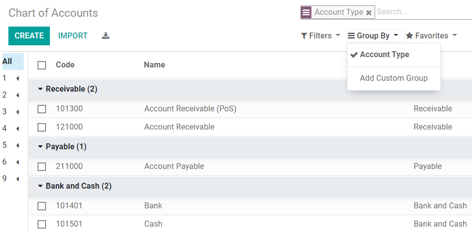 在Odoo Accounting中按类型将账户分组