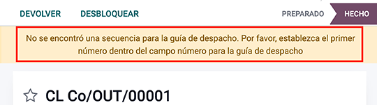 An example sequence error when creating a Delivery Guide in Odoo