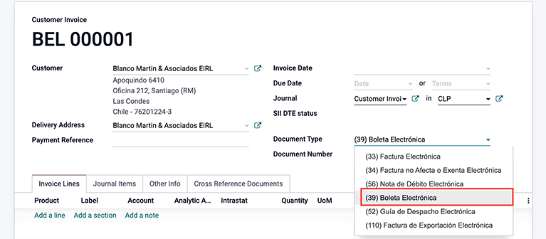 Select type of Document: (39) Boleta Electrónica