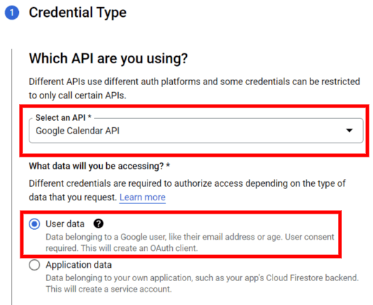 为凭据类型选择谷歌日历API和用户数据。