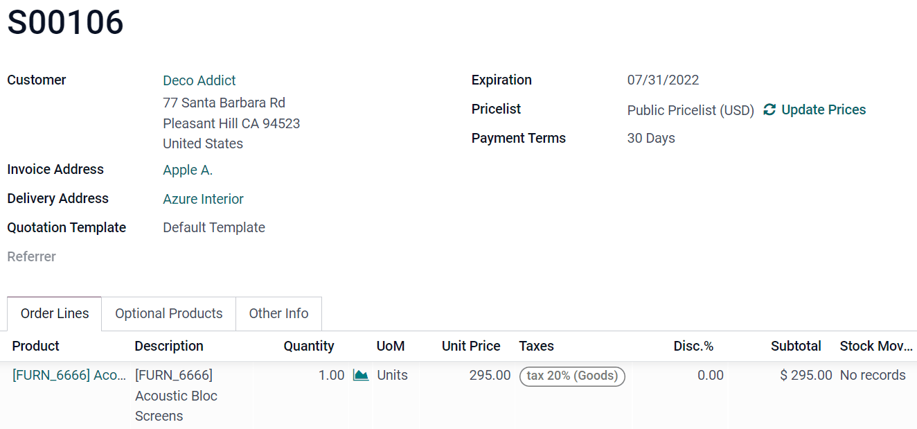 Sales order model's Form view