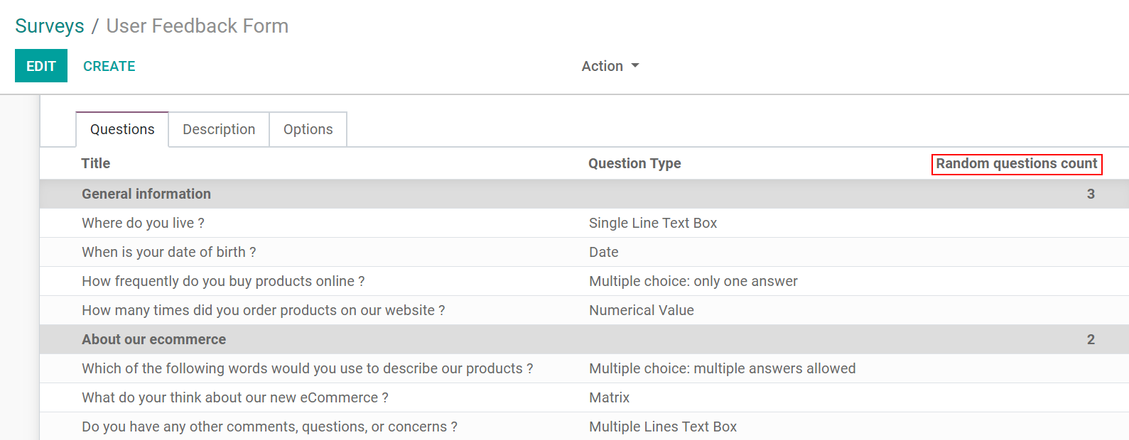 View of a survey form emphasizing the random questions count column in Odoo Surveys