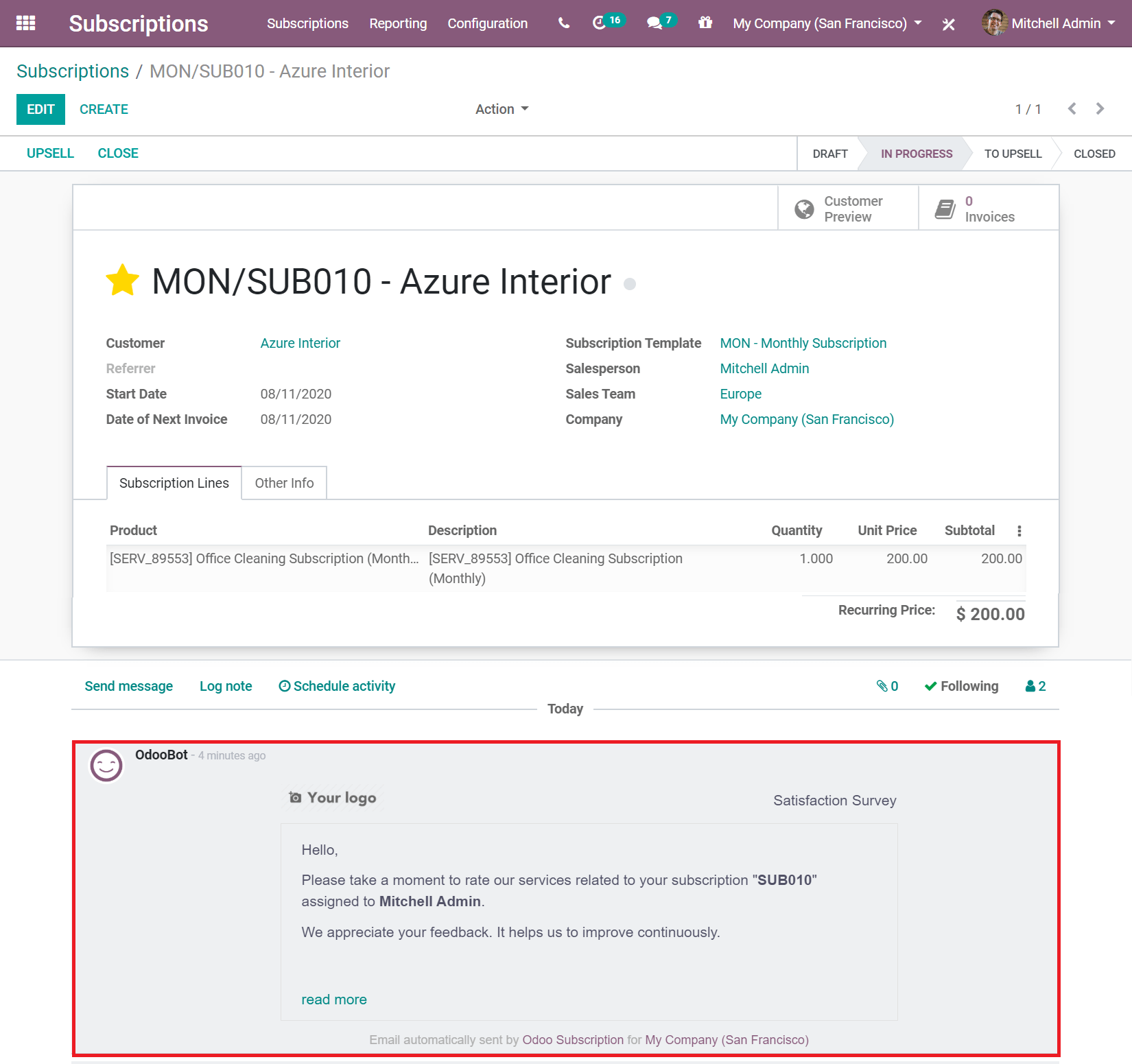 Satisfaction survey in Odoo Subscriptions