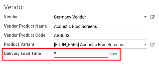 View of the delivery lead time configuration from a vendor form