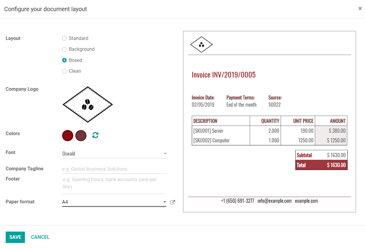 Odoo Invoicing中的文档布局配置