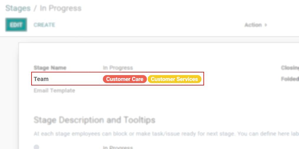 View of a stage’s setting page emphasizing the option to add teams in Odoo Helpdesk